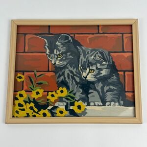 Vintage 1940-50s Era Paint By Number Two Grey Kittens 10.5x8.5" Framed Art